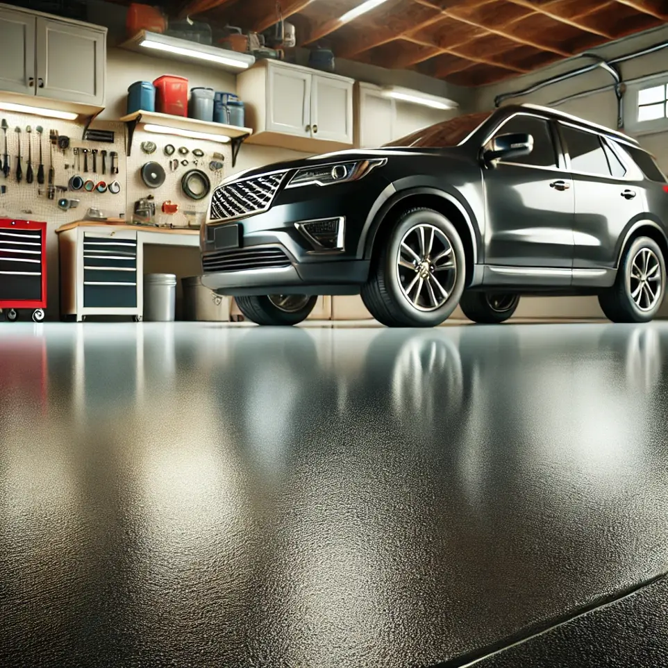 Garage with a car, featuring a dark, smooth and shiny Epoxy Flooring