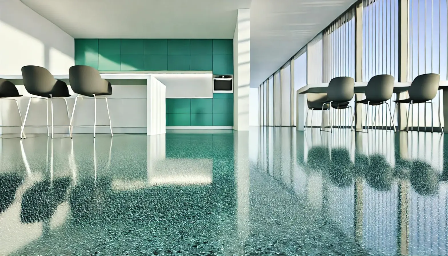 Office Building Kitchen Area with teal metallic Epoxy Surfacing